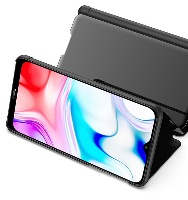 View Fenêtre Plaquée Miroir de Surface du Support en Cuir Pour Xiaomi Redmi 9A - le Noir