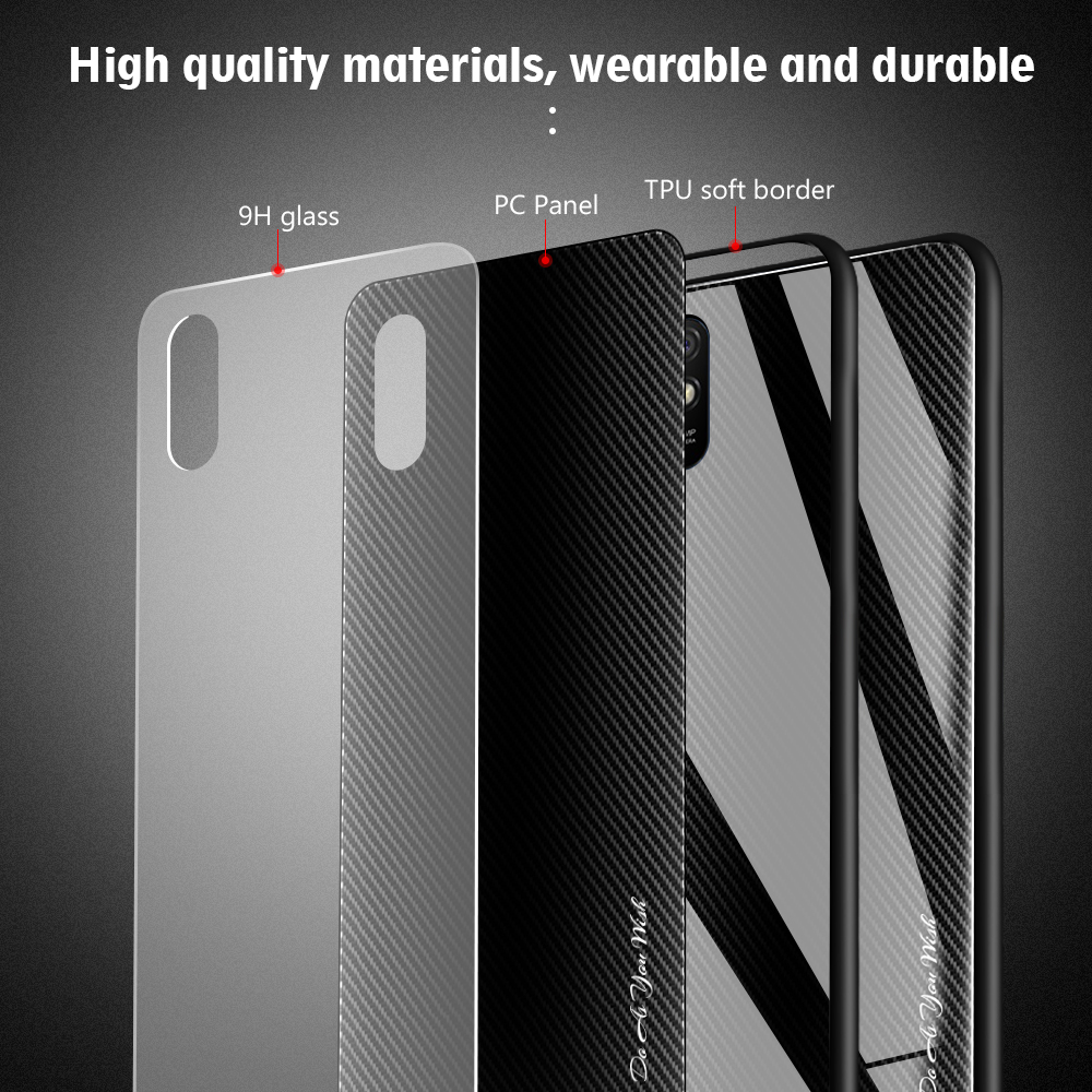 Glass di Vetro Con Texture in Fibra di Carbonio + Guscio Combinato TPU Per Xiaomi Redmi 9A - Rosso