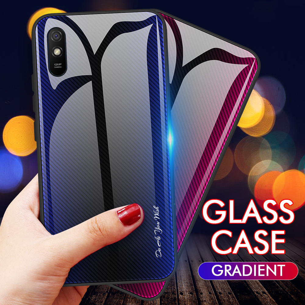 Glass di Vetro Con Texture in Fibra di Carbonio + Guscio Combinato TPU Per Xiaomi Redmi 9A - Rosso