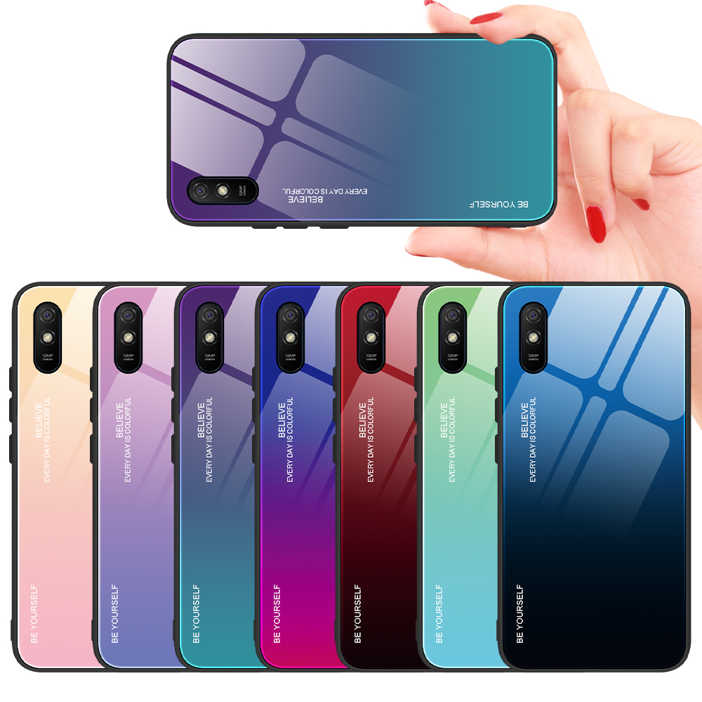 Vetro Temperato a Colore Gradiente + PC + TPU Tembo Custodia Per Xiaomi Redmi 9A - Giallo/rosa