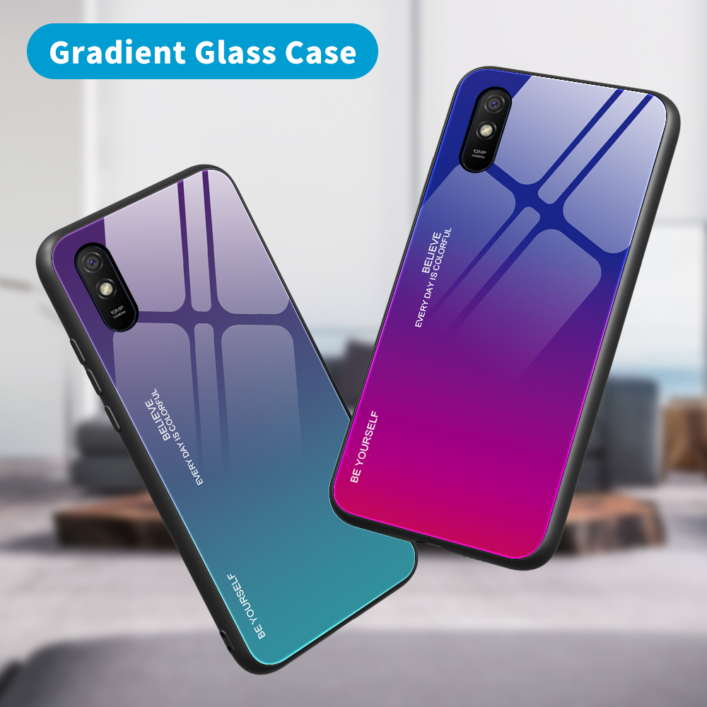 Vetro Temperato a Colore Gradiente + PC + TPU Tembo Custodia Per Xiaomi Redmi 9A - Giallo/rosa