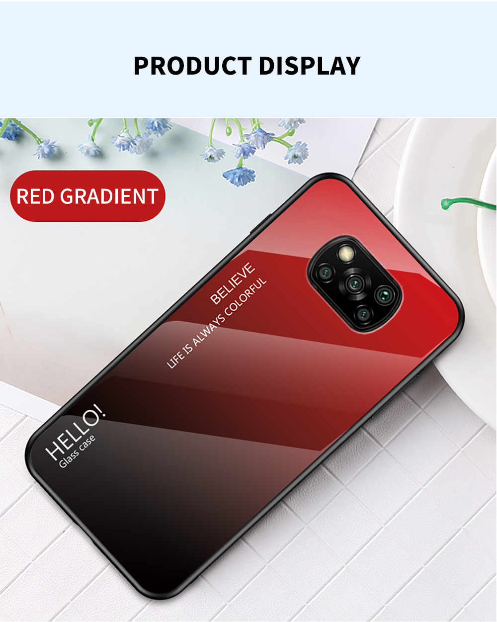 Vetro Temperato a Colore Gradiente + PC + TPU Tembo Custodia Per Xiaomi Poco X3/Poco X3 NFC - Rosso Nero