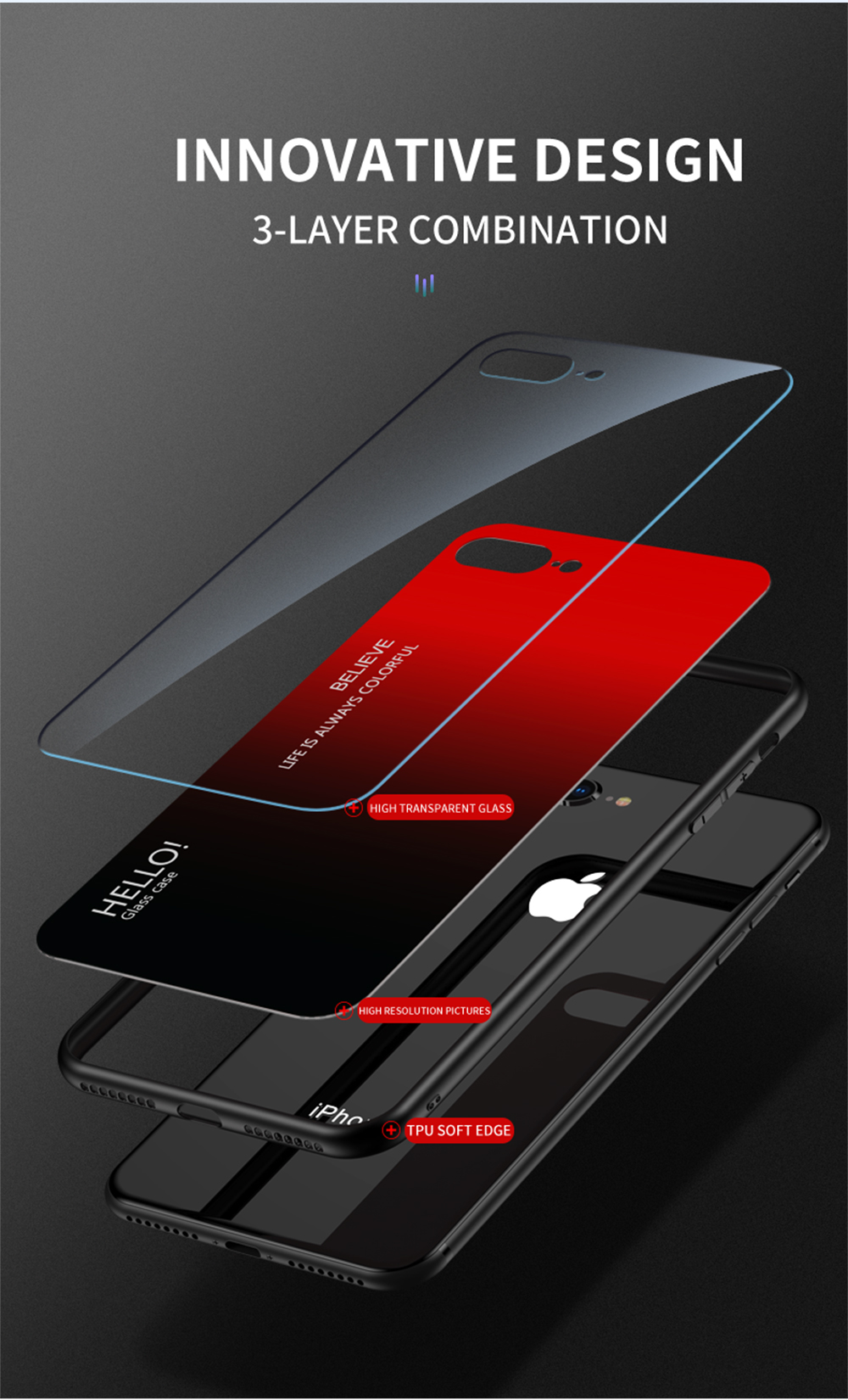 Gradient Color Temperred Glass + PC + TPU Combo Back Back Pour Xiaomi Poco X3 / Poco X3 NFC - Rouge Noir