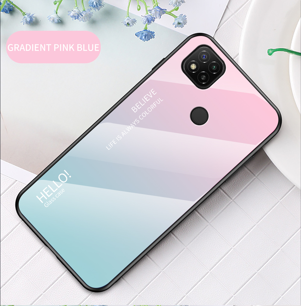 Modello Gradiente di Colore Vetro Temperato + PC + TPU Edge Cellulare Custodia Ibrida Per Xiaomi Redmi 9c/redmi 9C NFC - Blu Rosa Gradiente