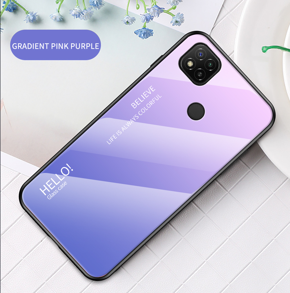 Modello Gradiente di Colore Vetro Temperato + PC + TPU Edge Cellulare Custodia Ibrida Per Xiaomi Redmi 9c/redmi 9C NFC - Blu Rosa Gradiente