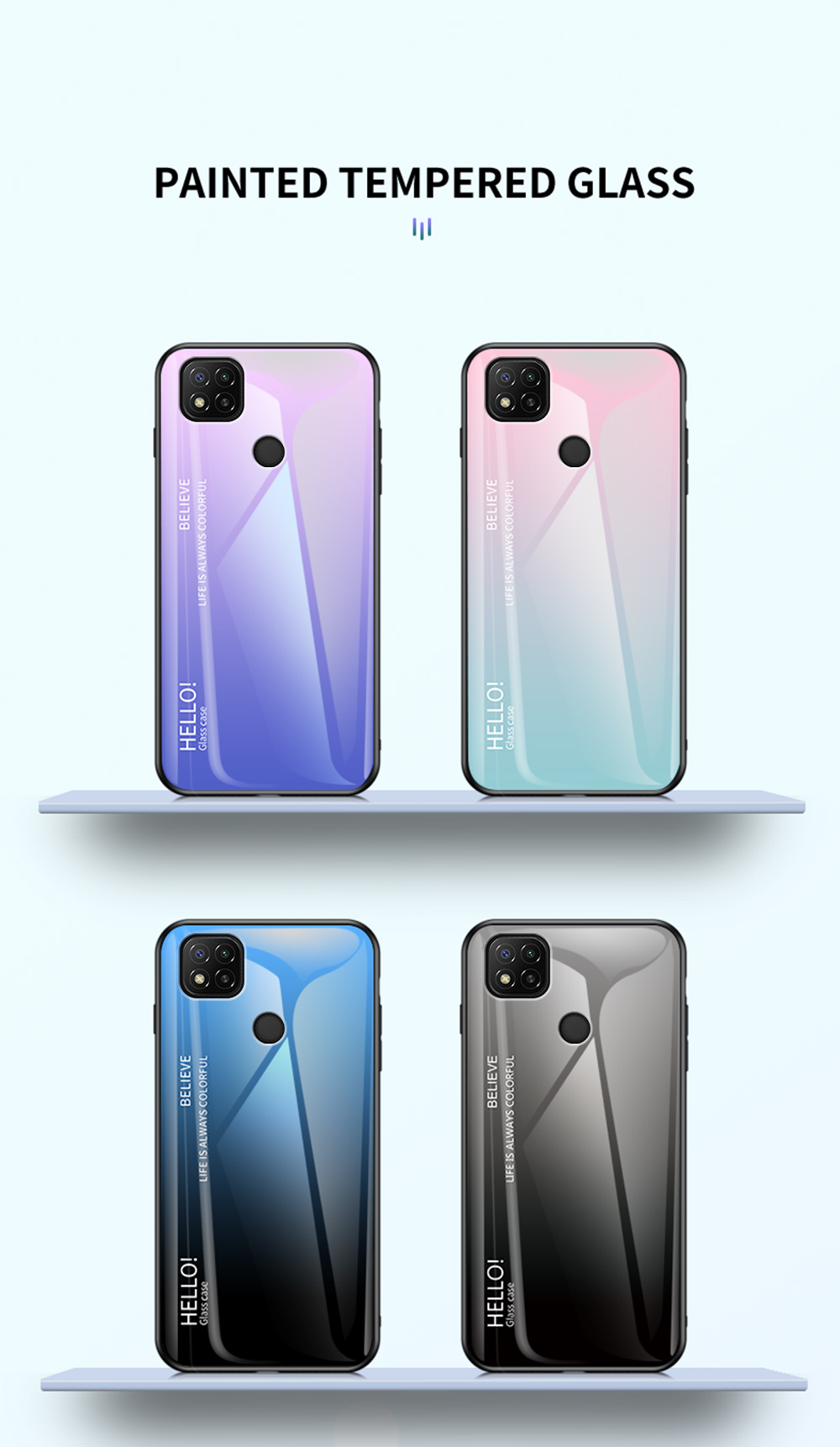 Color Gradiente Patrón de Vidrio Templado + PC + TPU Borde Celular Caja Híbrida Para Xiaomi Redmi 9C/Redmi 9C NFC - Gradiente de Azul Rosa