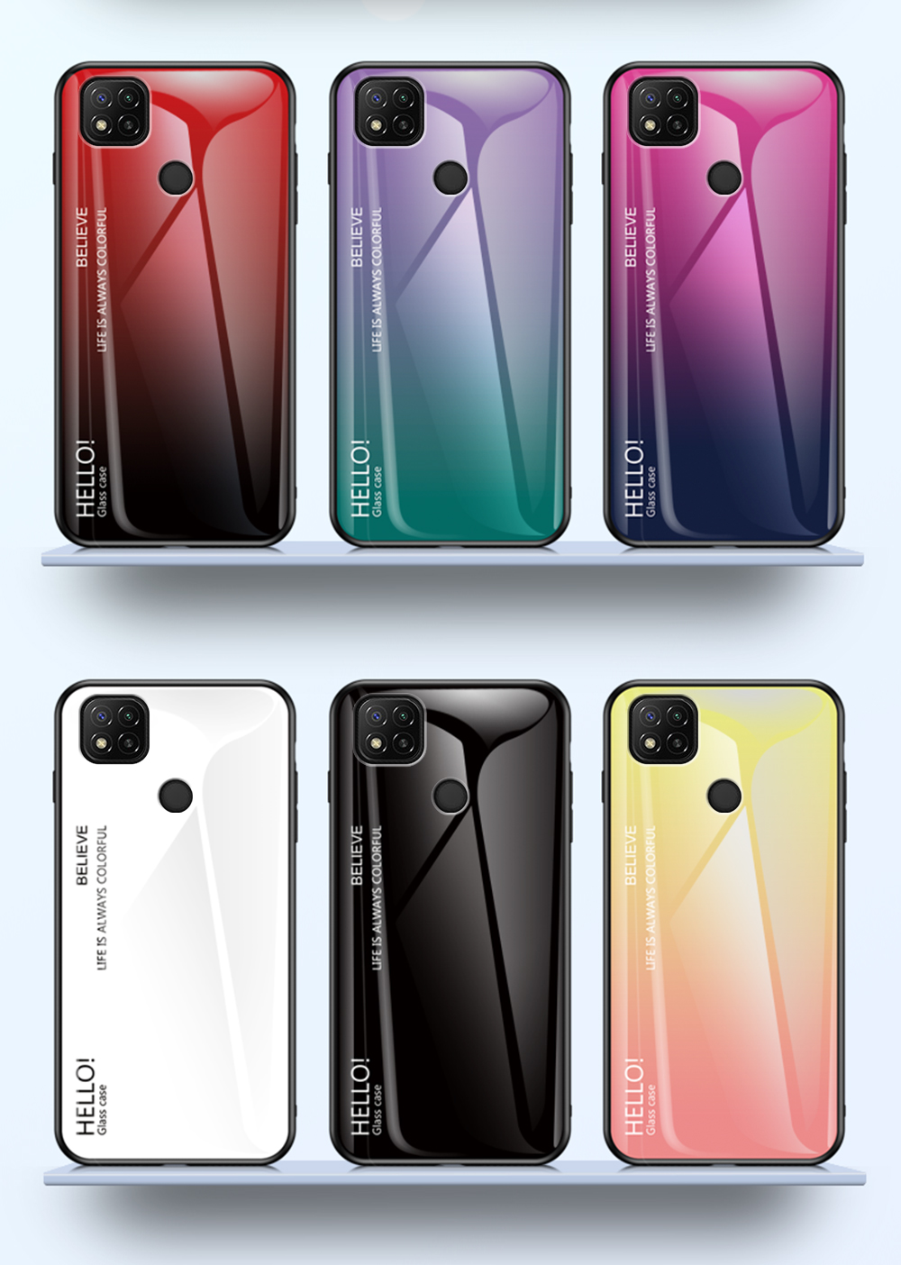 Modello Gradiente di Colore Vetro Temperato + PC + TPU Edge Cellulare Custodia Ibrida Per Xiaomi Redmi 9c/redmi 9C NFC - Blu Rosa Gradiente