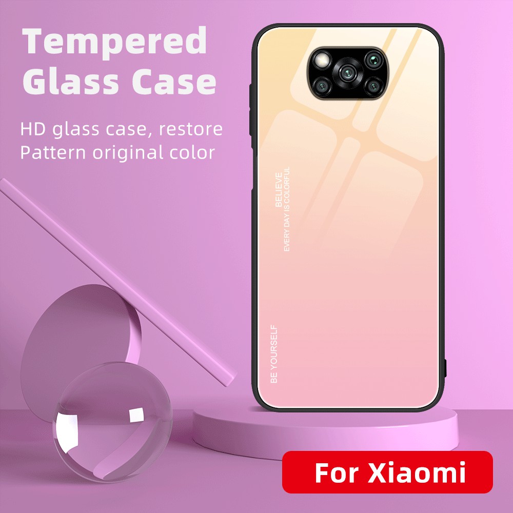 Caso de Vidro Temperado Com Concha de Gradiente + PC + TPU Protetor Caso Para Xiaomi Poco X3 Nfc/poco X3 - Ouro / Rosa