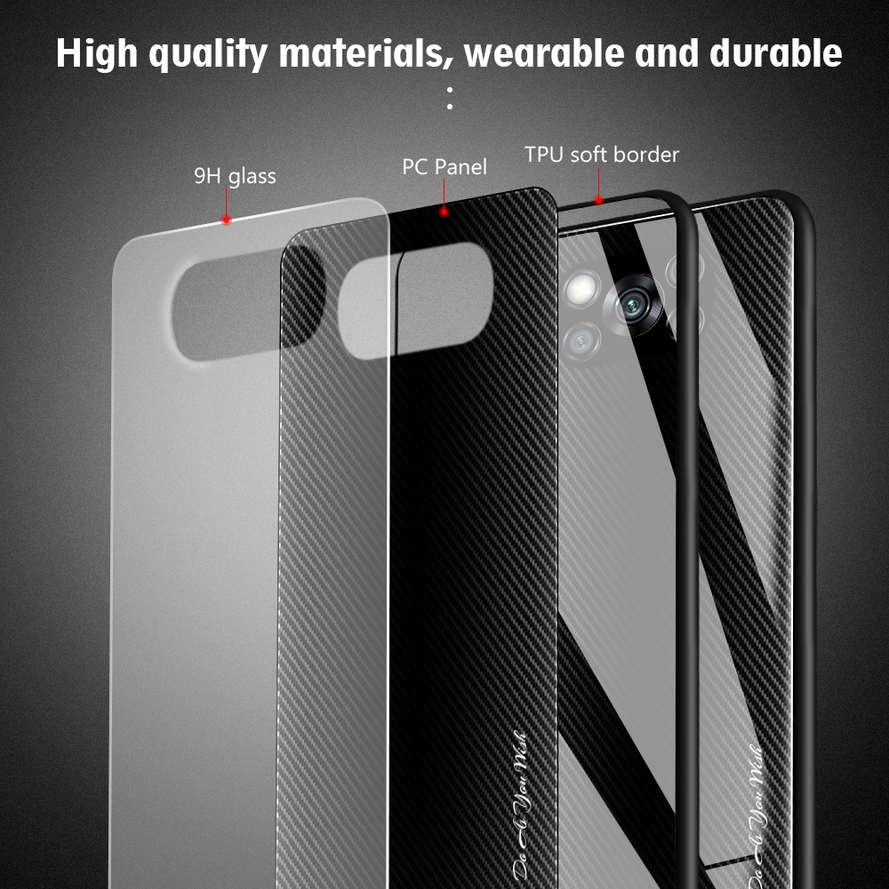 Vidro de Textura de Fibra de Carbono Back + TPU Combo Case Para Xiaomi Poco X3/Poco X3 NFC - Preto