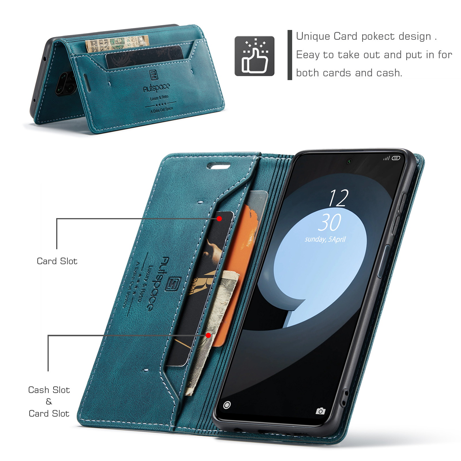 Serie Autpace A01 Serie RFID Blocco Retro Phallet Cethet in Mettura Per Xiaomi Redmi Note 9S - Blu