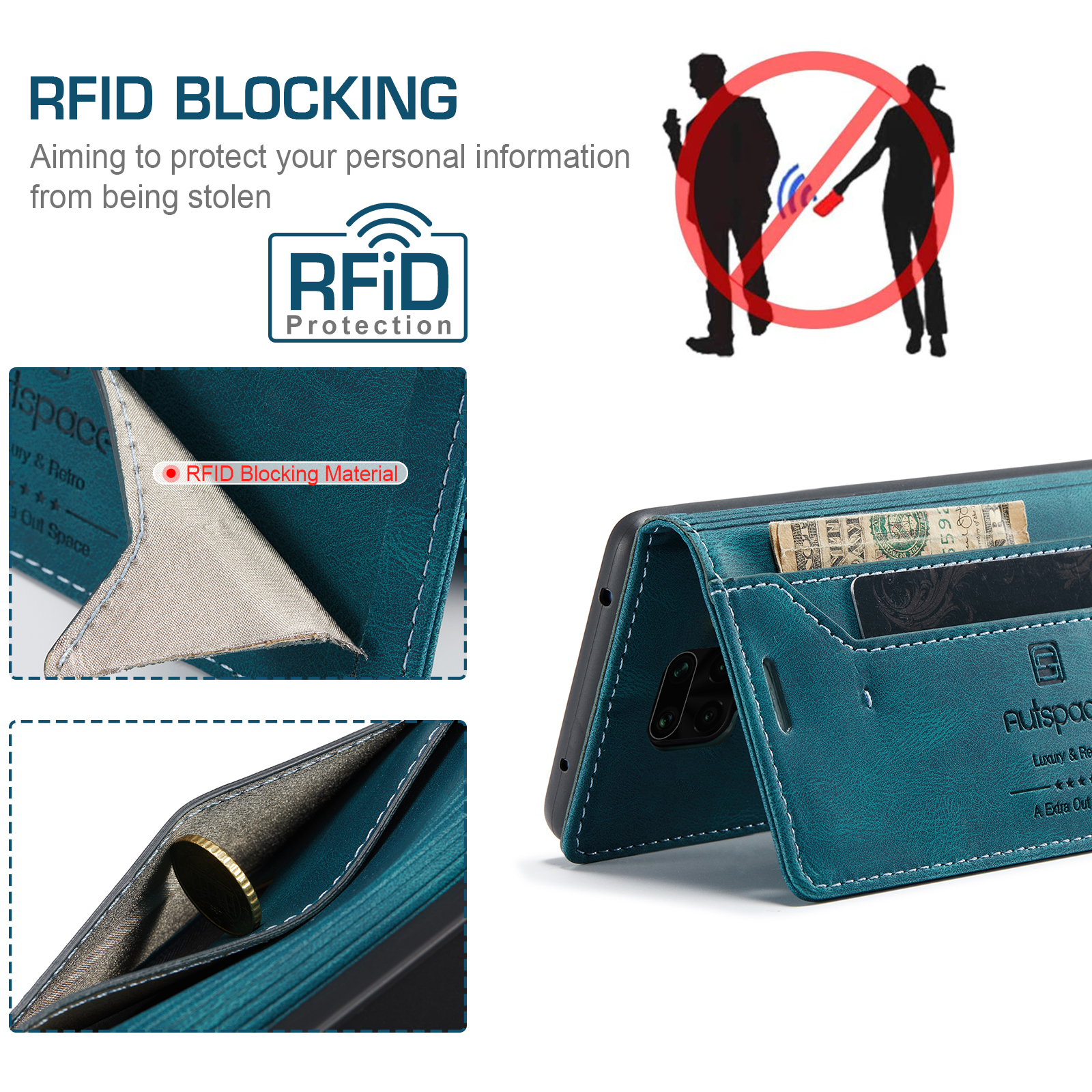 AUTSPACE A01 Série RFID Bloquer un Boîtier de Portefeuille en Cuir Mat Pour Xiaomi Redmi Note 9S - Bleu