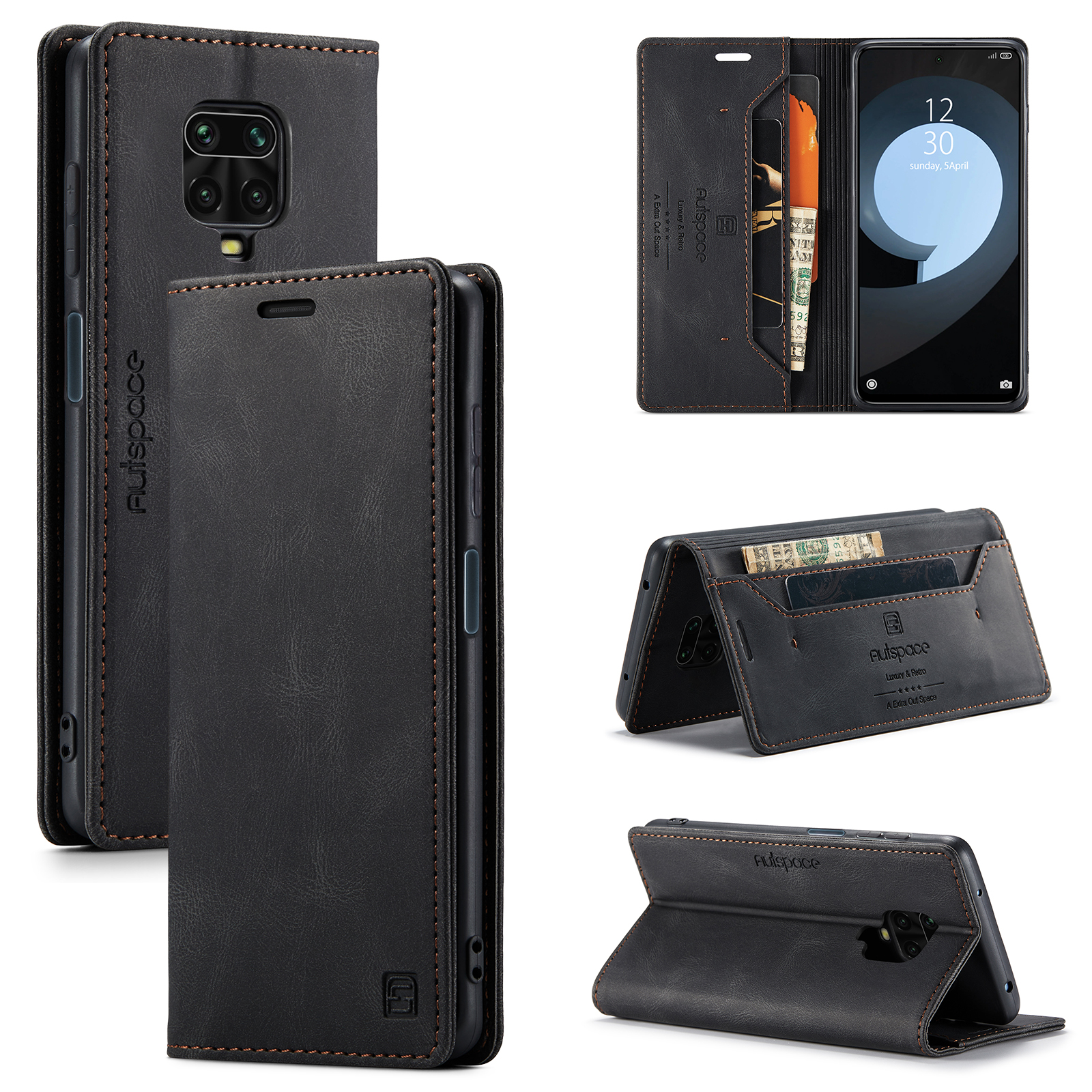 AUTSPACE A01 Series RFID Blocking Retro Matte Leather Wallet Case for Xiaomi Redmi Note 9S - Black-2