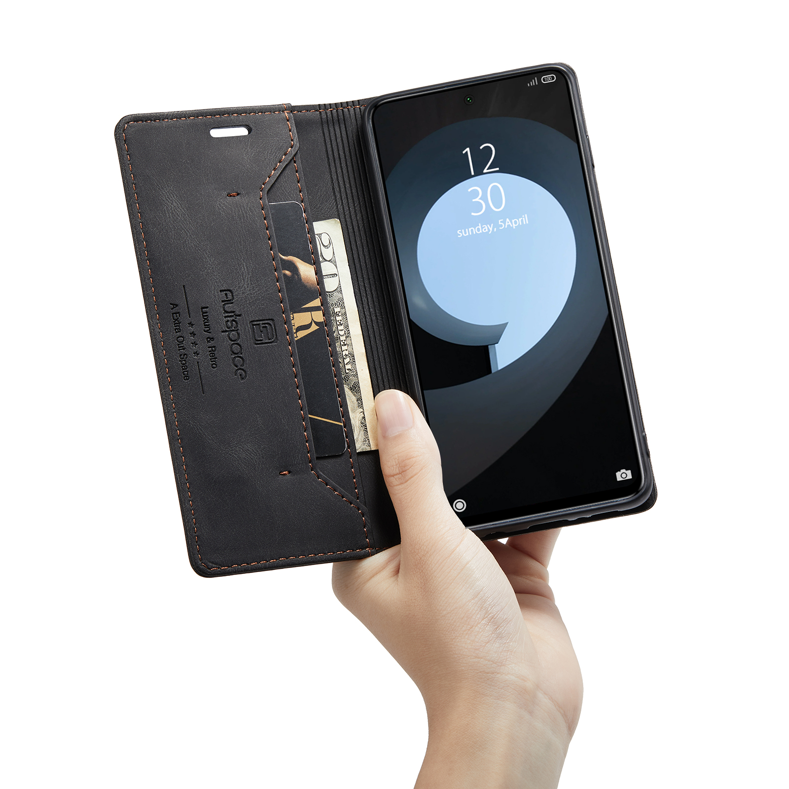 AUTSPACE A01 Series RFID Blocking Retro Matte Leather Wallet Case for Xiaomi Redmi Note 9S - Black-19