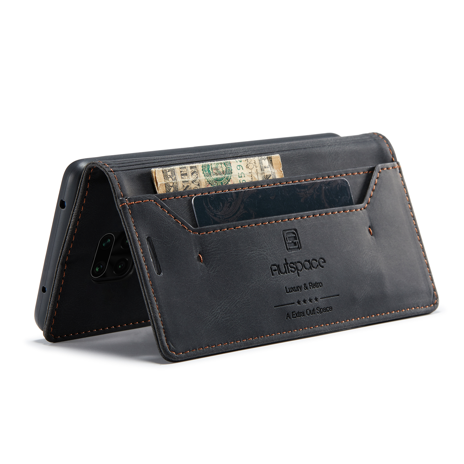 AUTSPACE A01 Series RFID Blocking Retro Matte Leather Wallet Case for Xiaomi Redmi Note 9S - Black-21