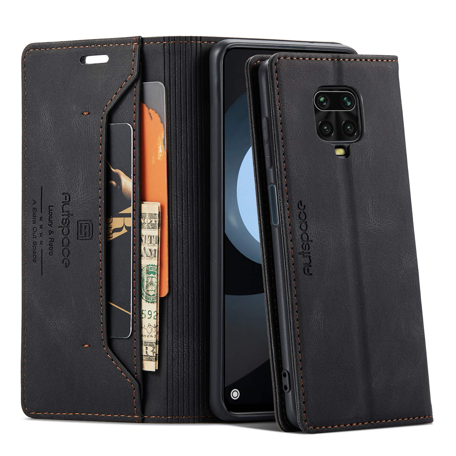 AUTSPACE A01 Series RFID Blocking Retro Matte Leather Wallet Case for Xiaomi Redmi Note 9S - Black-22