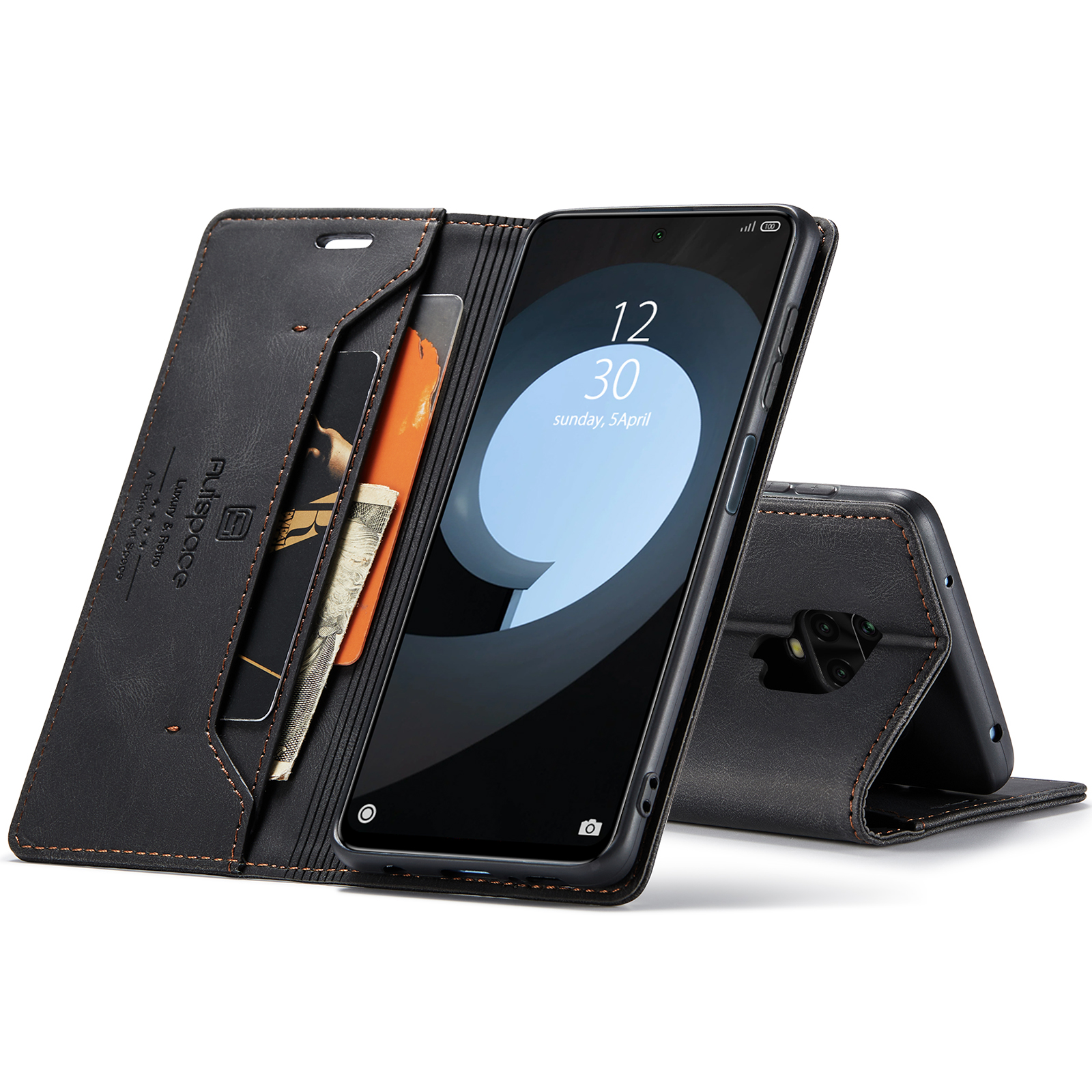 AUTSPACE A01 Series RFID Blocking Retro Matte Leather Wallet Case for Xiaomi Redmi Note 9S - Black-23