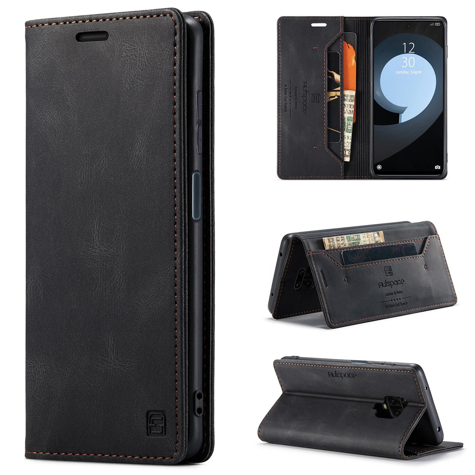AUTSPACE A01 Series RFID Blocking Retro Matte Leather Wallet Case for Xiaomi Redmi Note 9S - Black-24