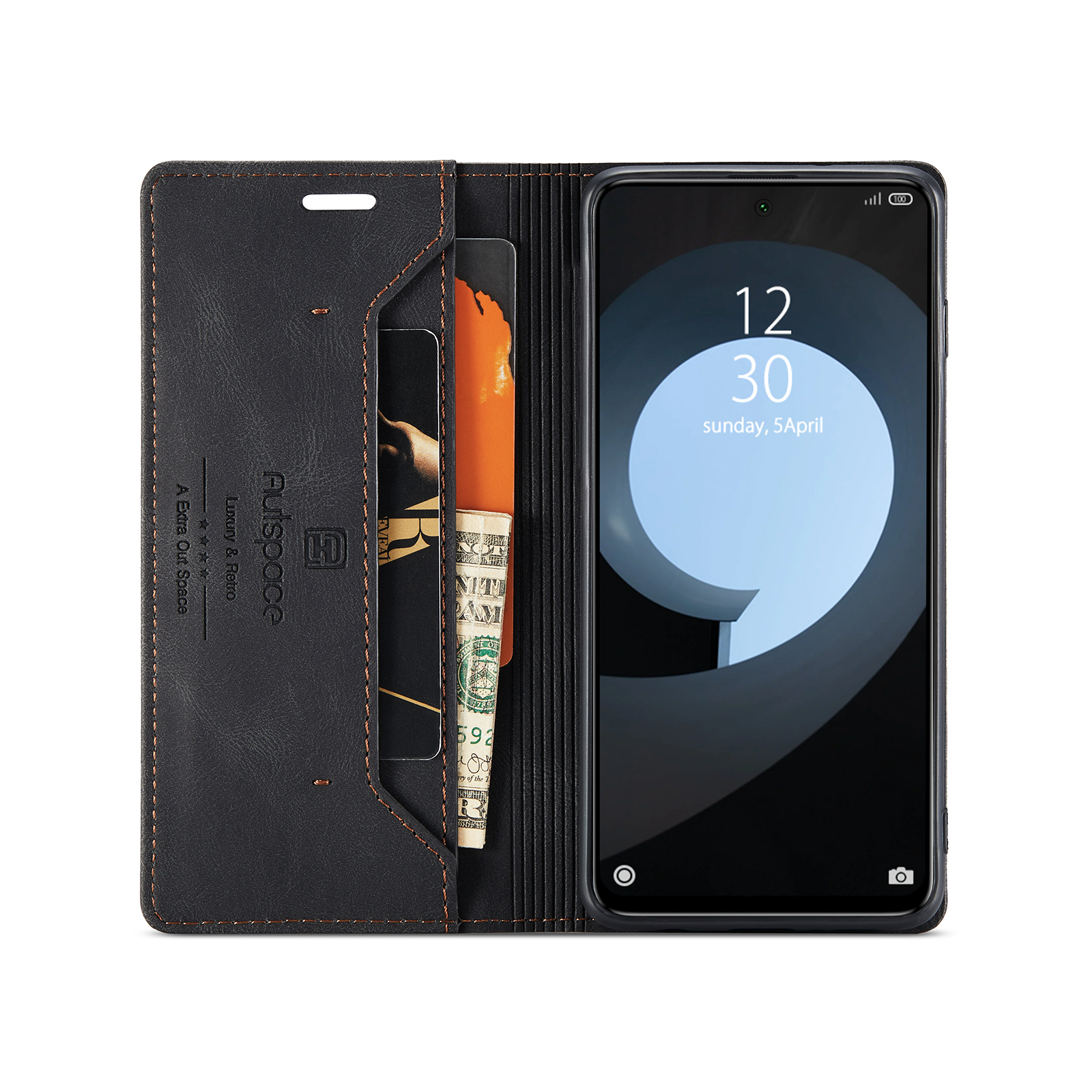 AUTSPACE A01 Series RFID Blocking Retro Matte Leather Wallet Case for Xiaomi Redmi Note 9S - Black-10