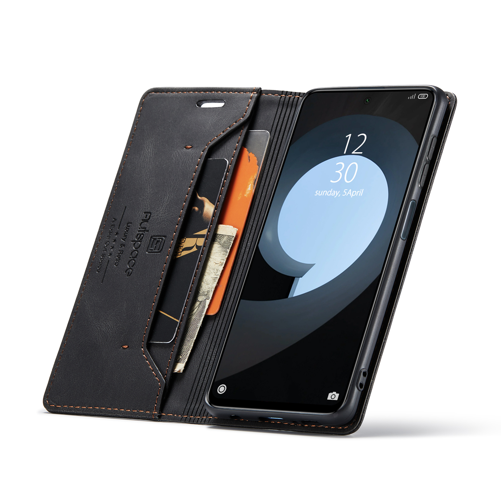 AUTSPACE A01 Series RFID Blocking Retro Matte Leather Wallet Case for Xiaomi Redmi Note 9S - Black-11