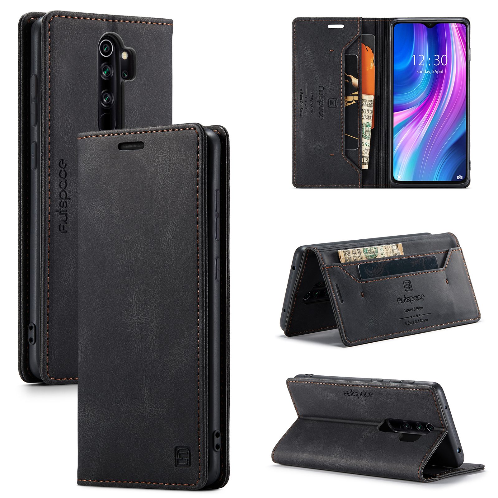AUTSPACE A01 Series RFID Blocking Retro Matte Leather Case Wallet for Xiaomi Redmi Note 8 Pro - Black-2