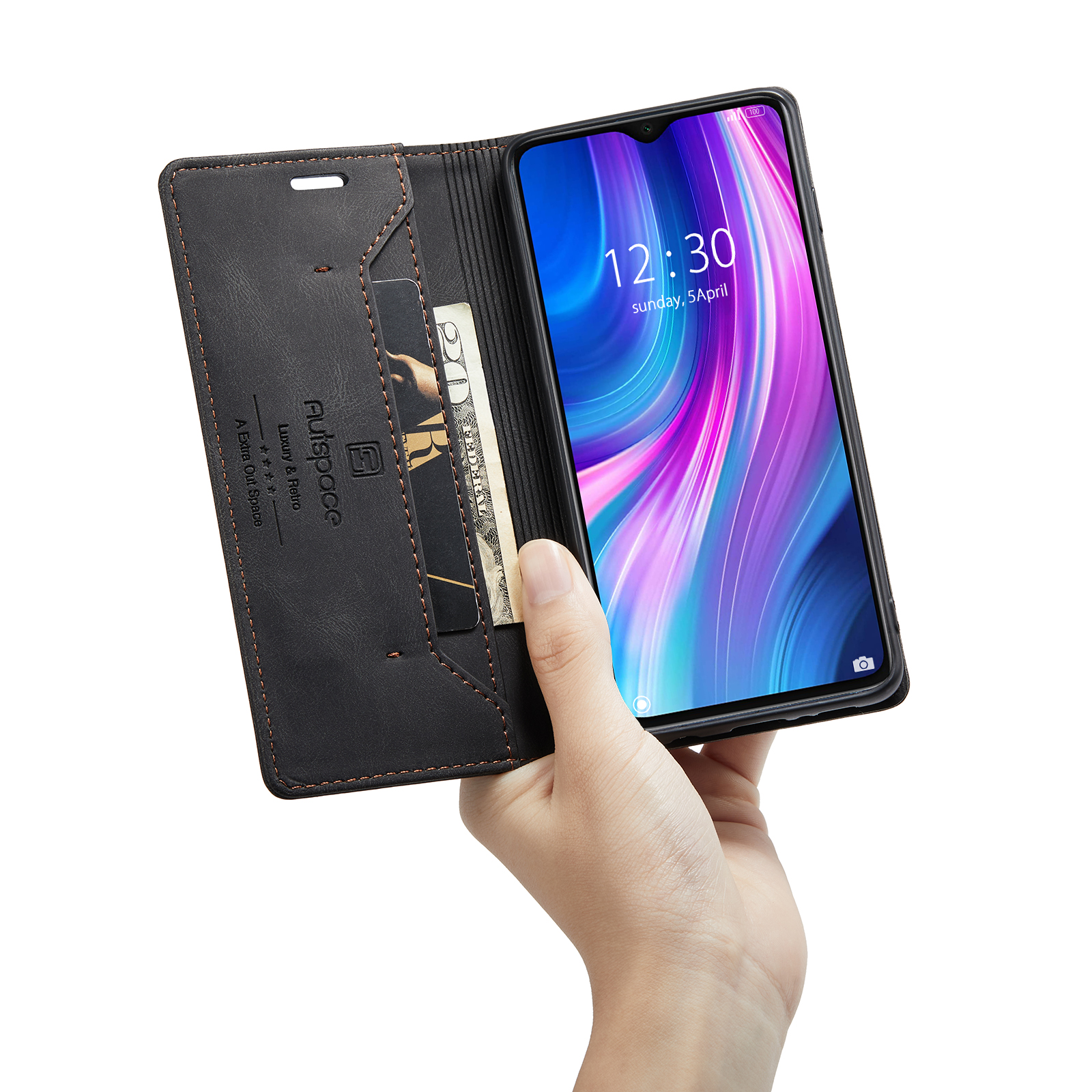 AUTSPACE A01 Series RFID Blocking Retro Matte Leather Case Wallet for Xiaomi Redmi Note 8 Pro - Black-19
