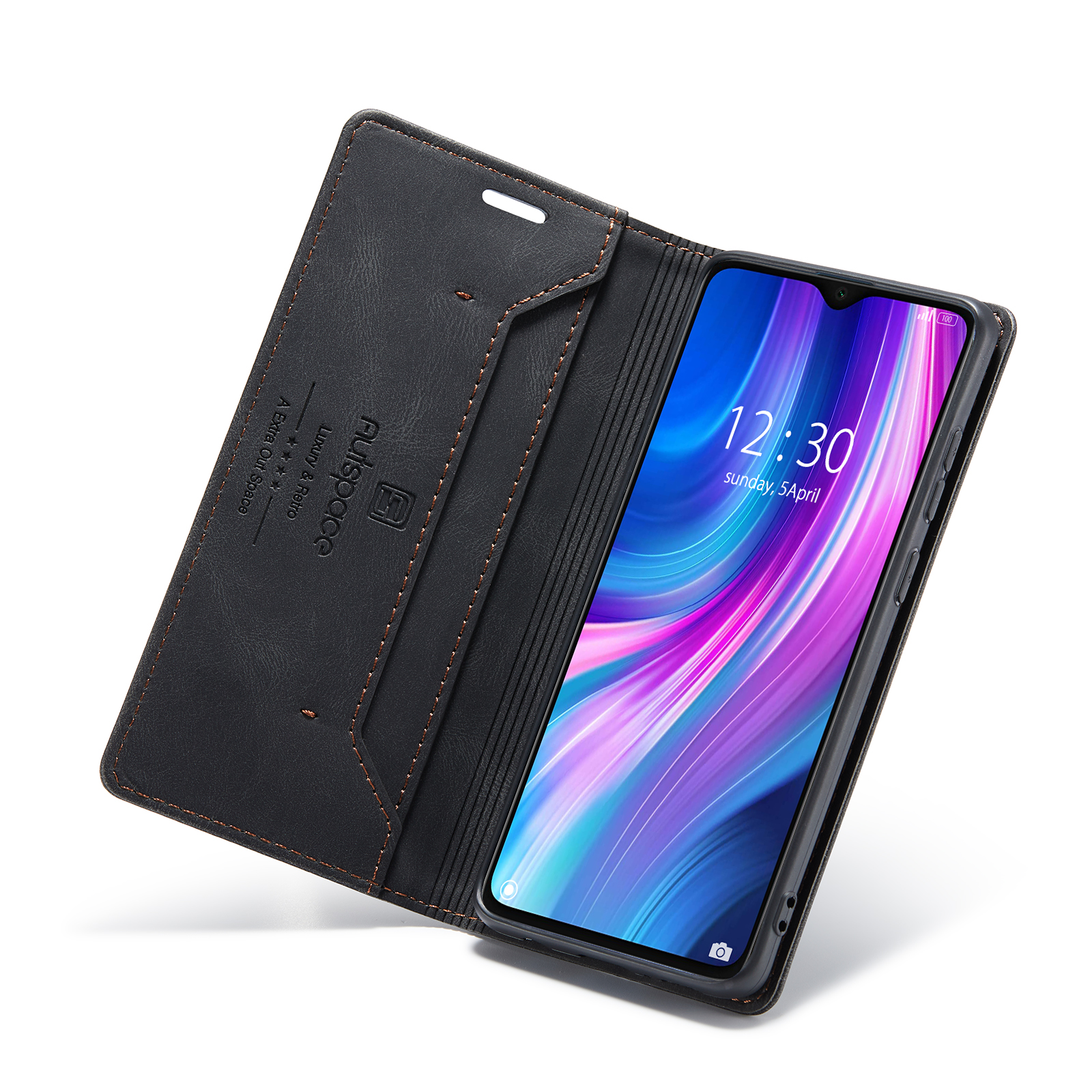 AUTSPACE A01 Series RFID Blocking Retro Matte Leather Case Wallet for Xiaomi Redmi Note 8 Pro - Black-22