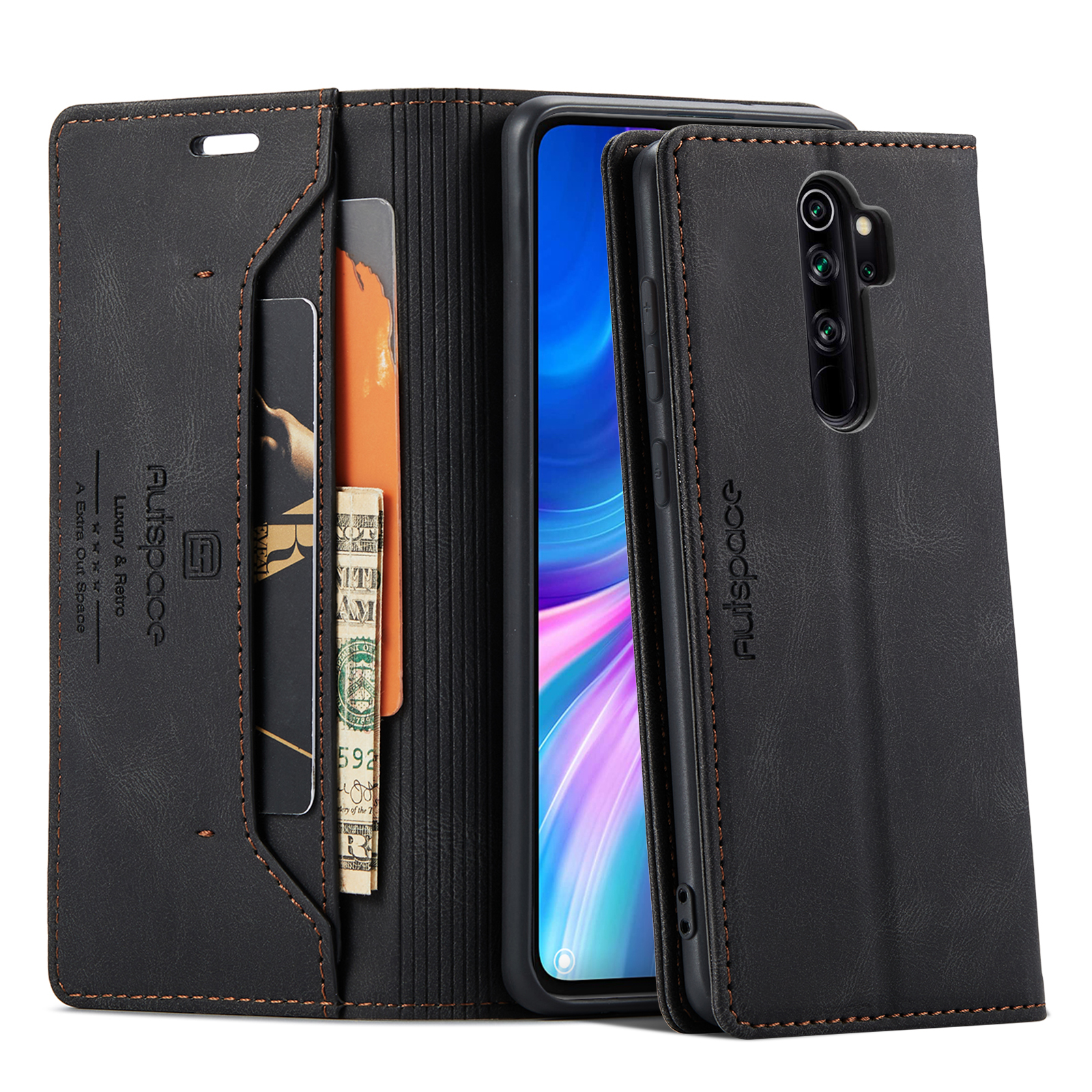 AUTSPACE A01 Series RFID Blocking Retro Matte Leather Case Wallet for Xiaomi Redmi Note 8 Pro - Black-24