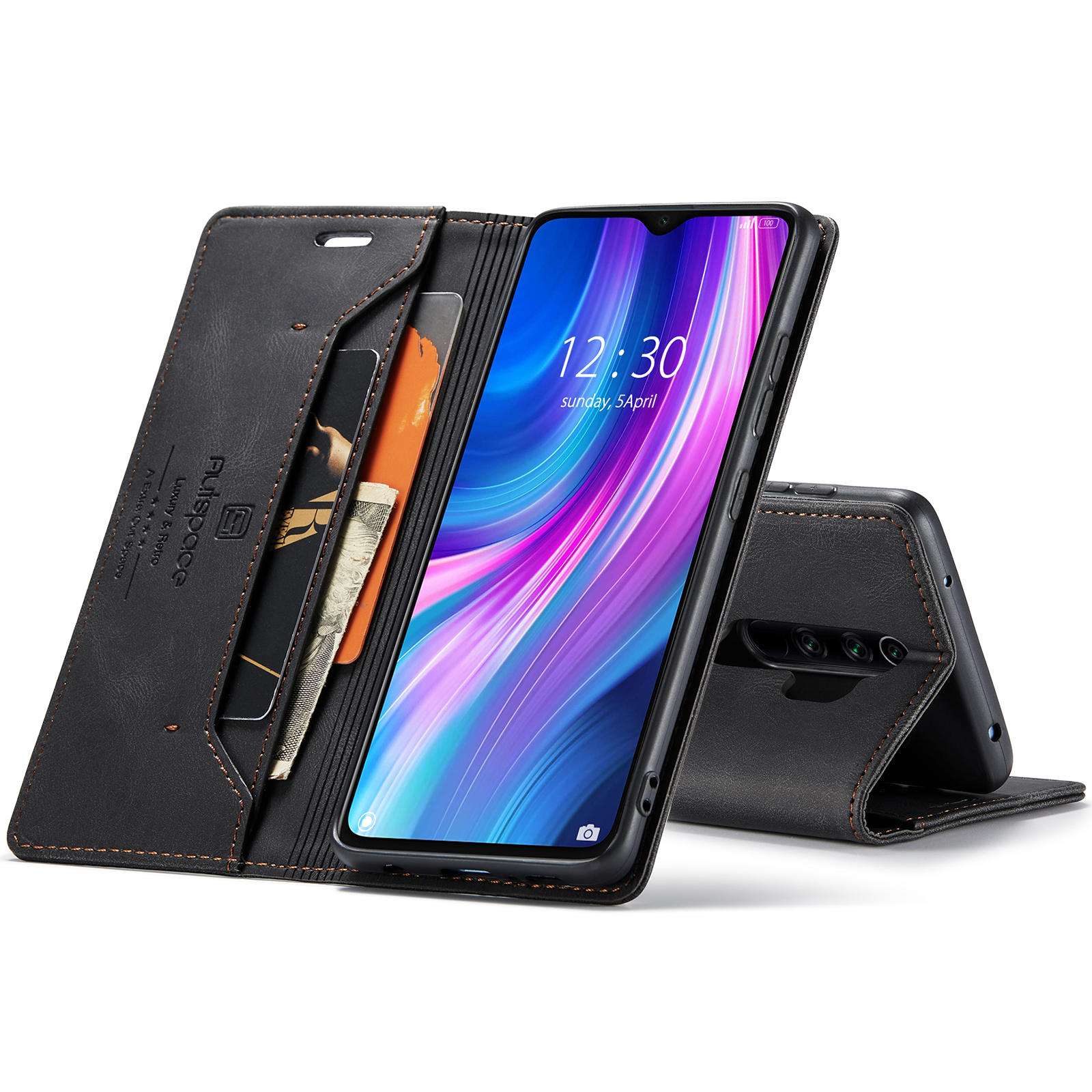 AUTSPACE A01 Series RFID Blocking Retro Matte Leather Case Wallet for Xiaomi Redmi Note 8 Pro - Black-25