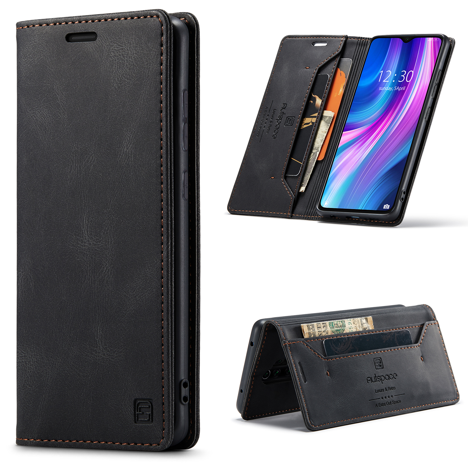 AUTSPACE A01 Series RFID Blocking Retro Matte Leather Case Wallet for Xiaomi Redmi Note 8 Pro - Black-26