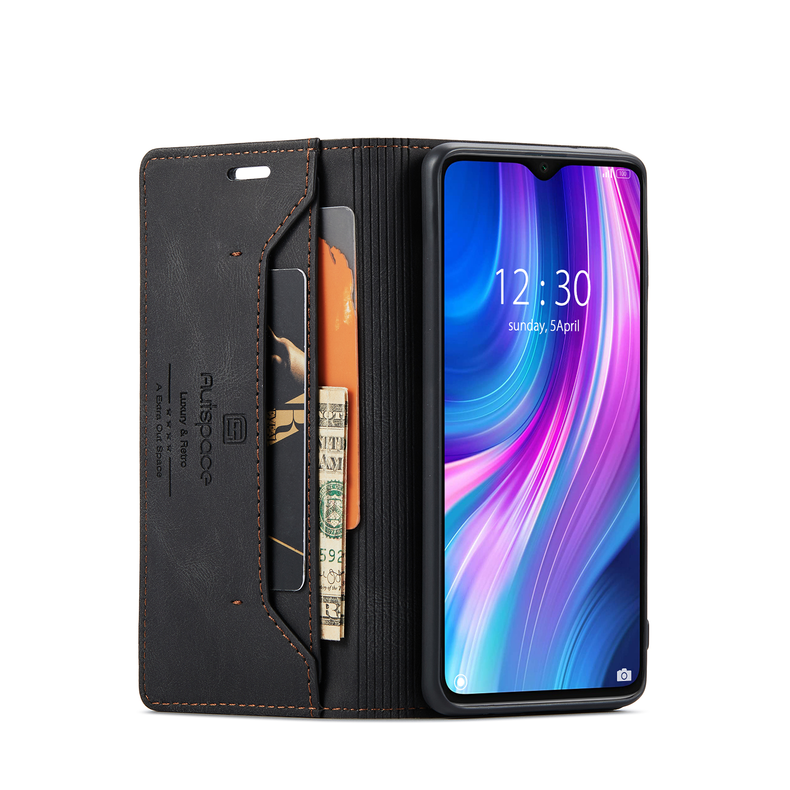 AUTSPACE A01 Series RFID Blocking Retro Matte Leather Case Wallet for Xiaomi Redmi Note 8 Pro - Black-10