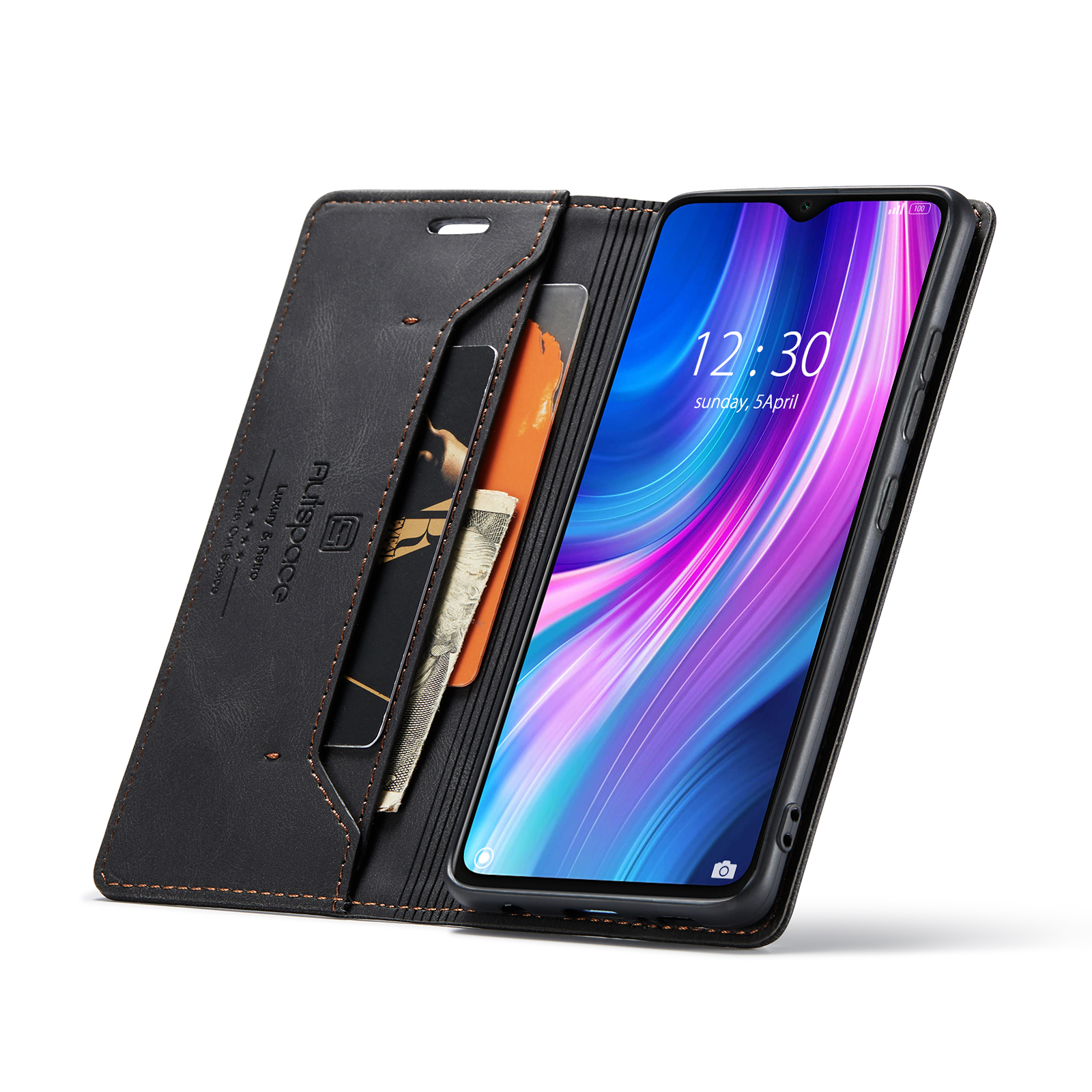 AUTSPACE A01 Series RFID Blocking Retro Matte Leather Case Wallet for Xiaomi Redmi Note 8 Pro - Black-12