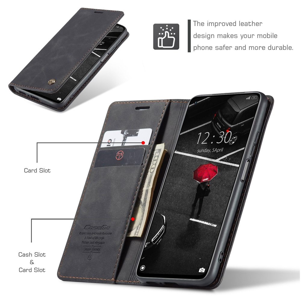 CASEME 013 Serie Auto-absorbiertes Lederständer Brieftaschenabdeckungskoffer Für Xiaomi Mi 10T 5G / Mi 10T Pro 5g - Schwarz