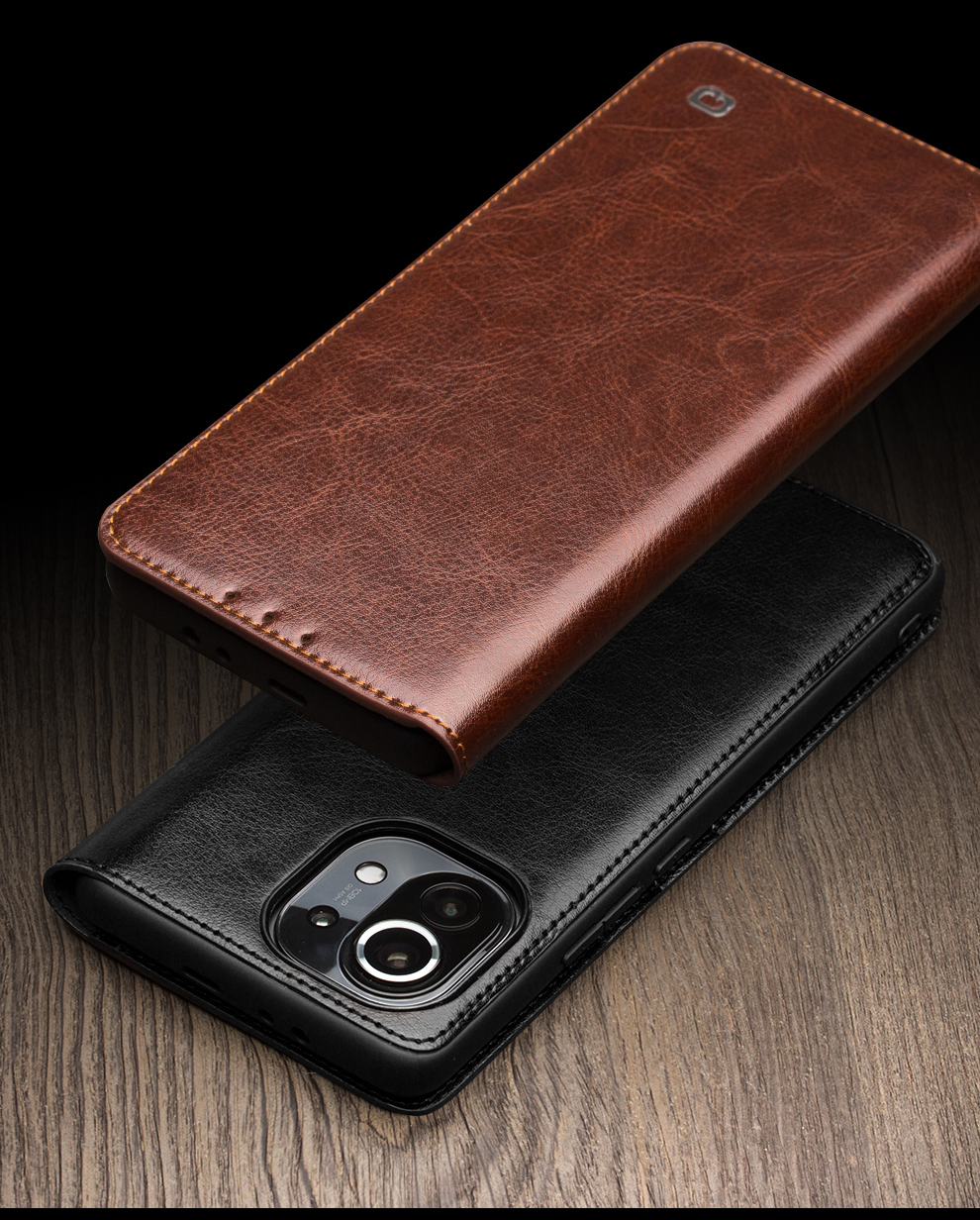 Qialino Folio Flip Véritable Étui en Cuir Pour Xiaomi Mi 11, Couverture de Téléphone de Portefeuille de Support Pliable - le Noir