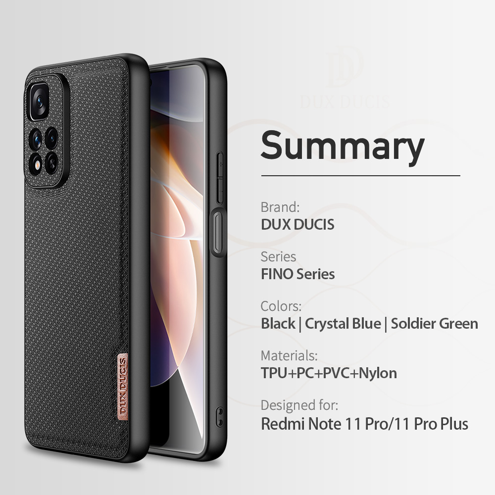 Dux Ducis Fino Series Tpu+pc+pvc+nylon 4 Layer Shomponter Shomporead Duted Defenter Chane Для Xiaomi Redmi Note 11 Pro+5g/redmi Note 11 Pro 5G (China) (MediaTek) - Черный