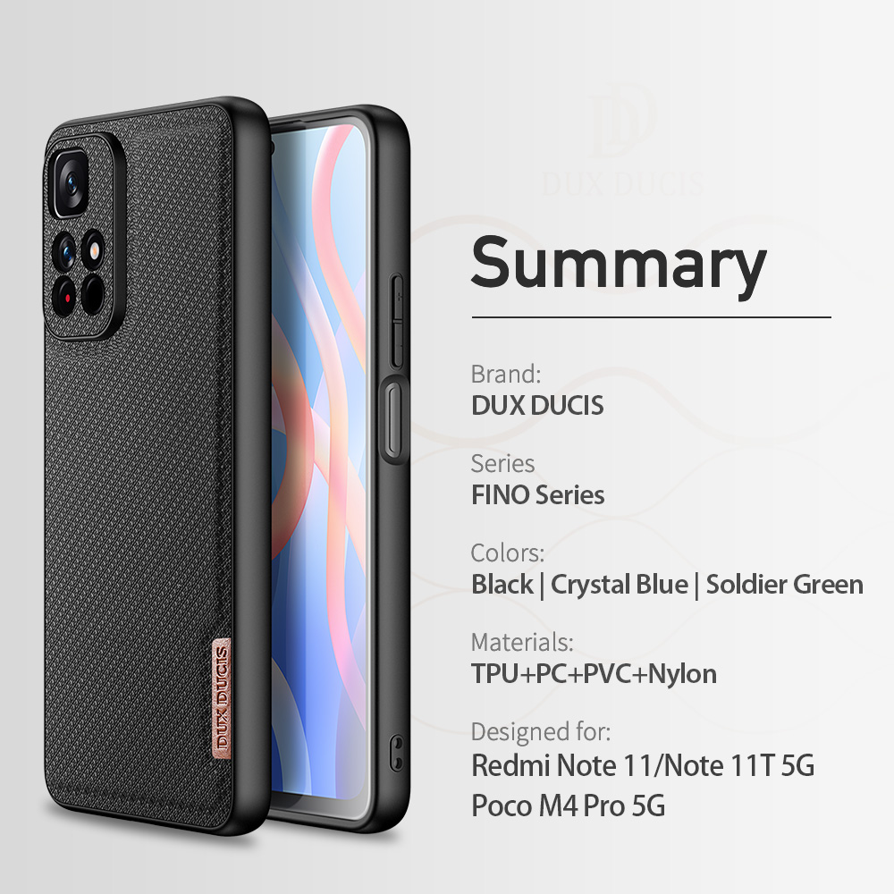 Dux Ducis Fino Series Series Hybrid Heavy Duty TPU+PC+PVC+Nylon Ant-scratch Protective Для Xiaomi Poco M4 Pro 5G/Redmi Примечание 11 5G (китай) (mediatek)/redmi Примечание 11t 5G/Redmi Note 11S 5G - Армейский Зеленый