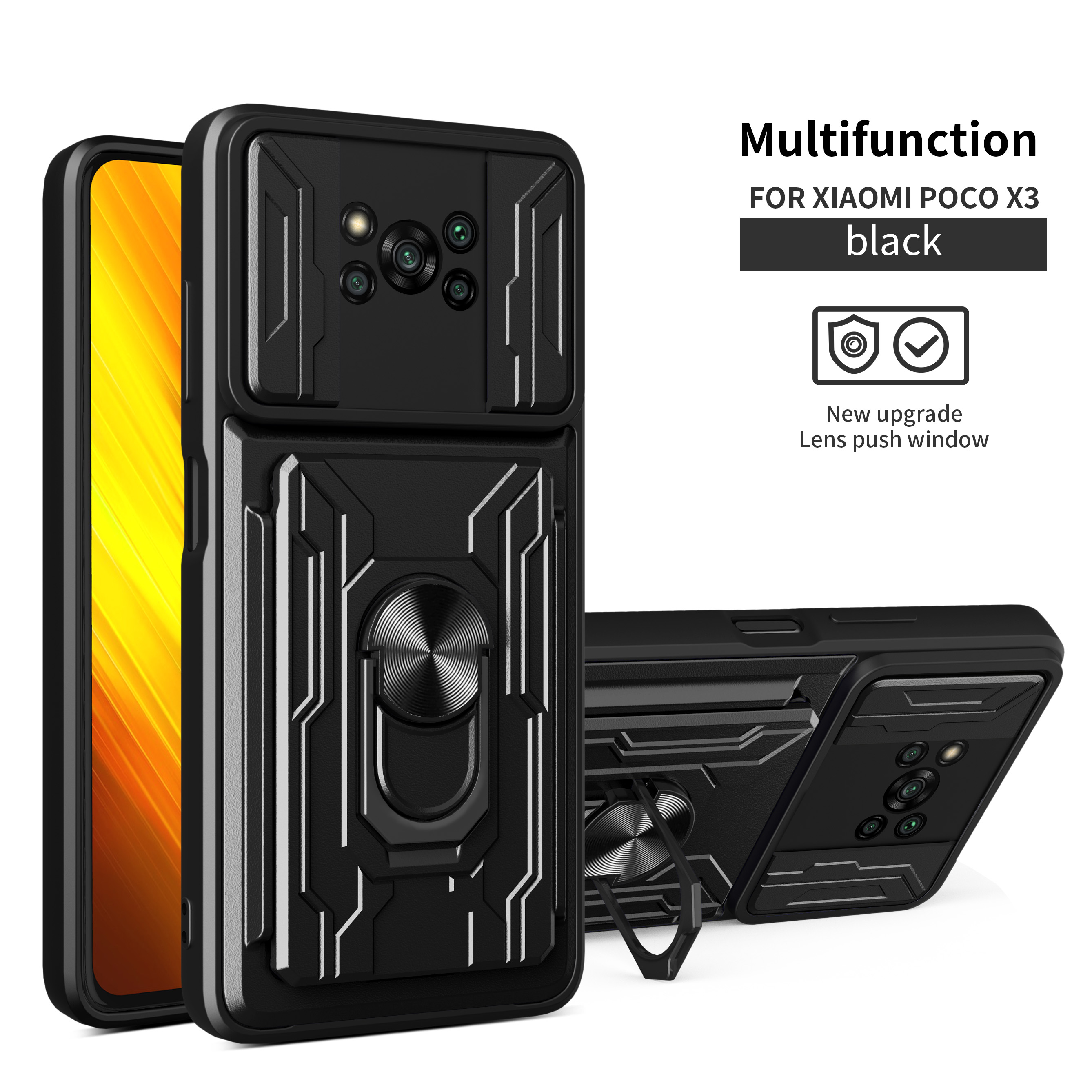 Tampa da Câmera Deslizante PC + TPU Caixa de Telefone à Prova de Choque Com Anel Kickstand e Slot de Cartão Destacável Para Xiaomi Poco X3/poco X3 Nfc/poco X3 Pro - Safira