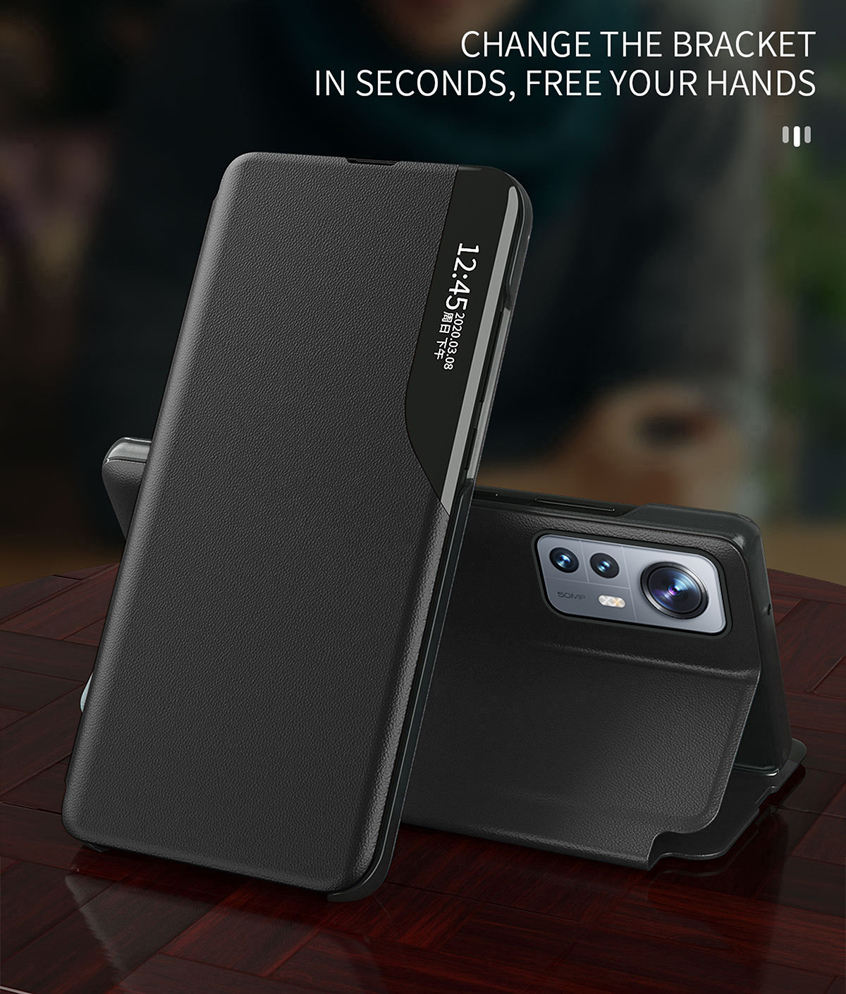 Visualize Janela Anti-arranhão Stand PU Couro Celular Capa Para Xiaomi 12 5g / 12x 5g / 12S 5G - Preto