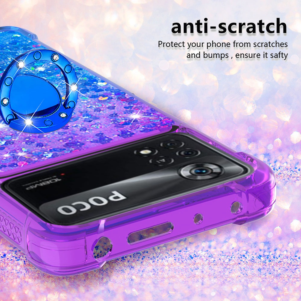 For Xiaomi Poco X4 Pro 5G YB Quicksand Series-8 Gradient Glitter Defender Phone Case Liquid Bling Four-Corner Protective Soft TPU Cover with Ring Holder Kickstand - Purple/Blue-3