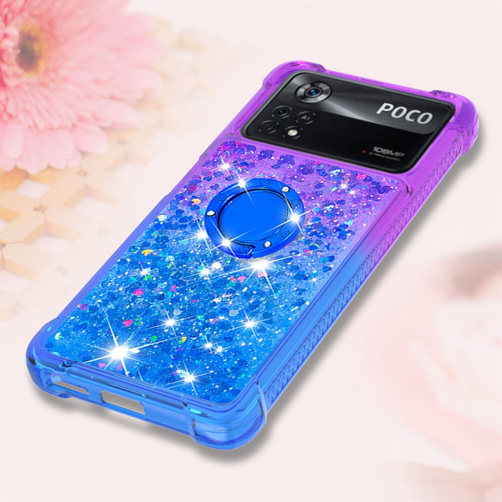 For Xiaomi Poco X4 Pro 5G YB Quicksand Series-8 Gradient Glitter Defender Phone Case Liquid Bling Four-Corner Protective Soft TPU Cover with Ring Holder Kickstand - Purple/Blue-5