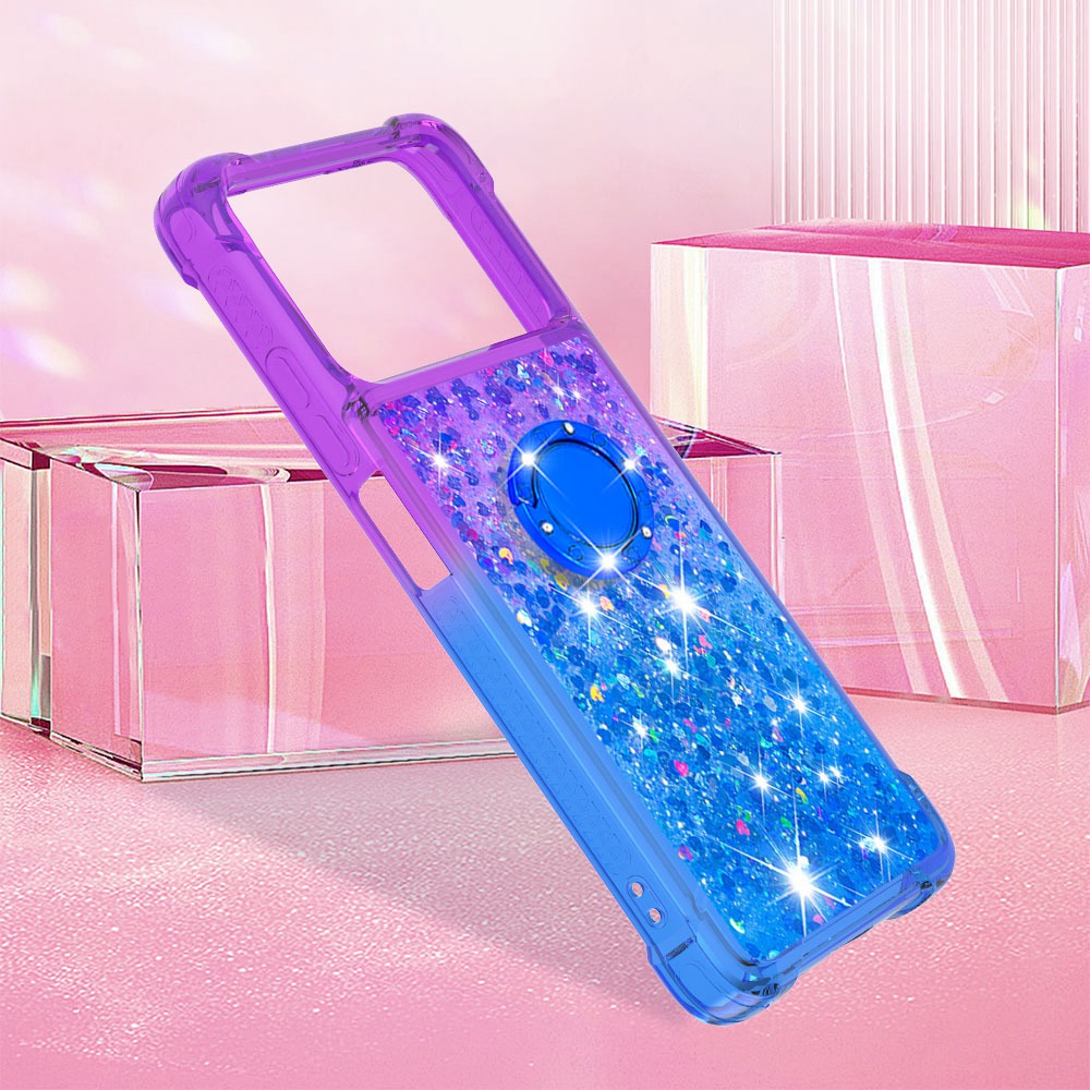 For Xiaomi Poco X4 Pro 5G YB Quicksand Series-8 Gradient Glitter Defender Phone Case Liquid Bling Four-Corner Protective Soft TPU Cover with Ring Holder Kickstand - Purple/Blue-6