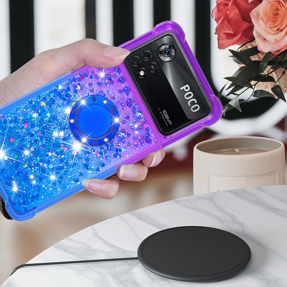 For Xiaomi Poco X4 Pro 5G YB Quicksand Series-8 Gradient Glitter Defender Phone Case Liquid Bling Four-Corner Protective Soft TPU Cover with Ring Holder Kickstand - Purple/Blue-7