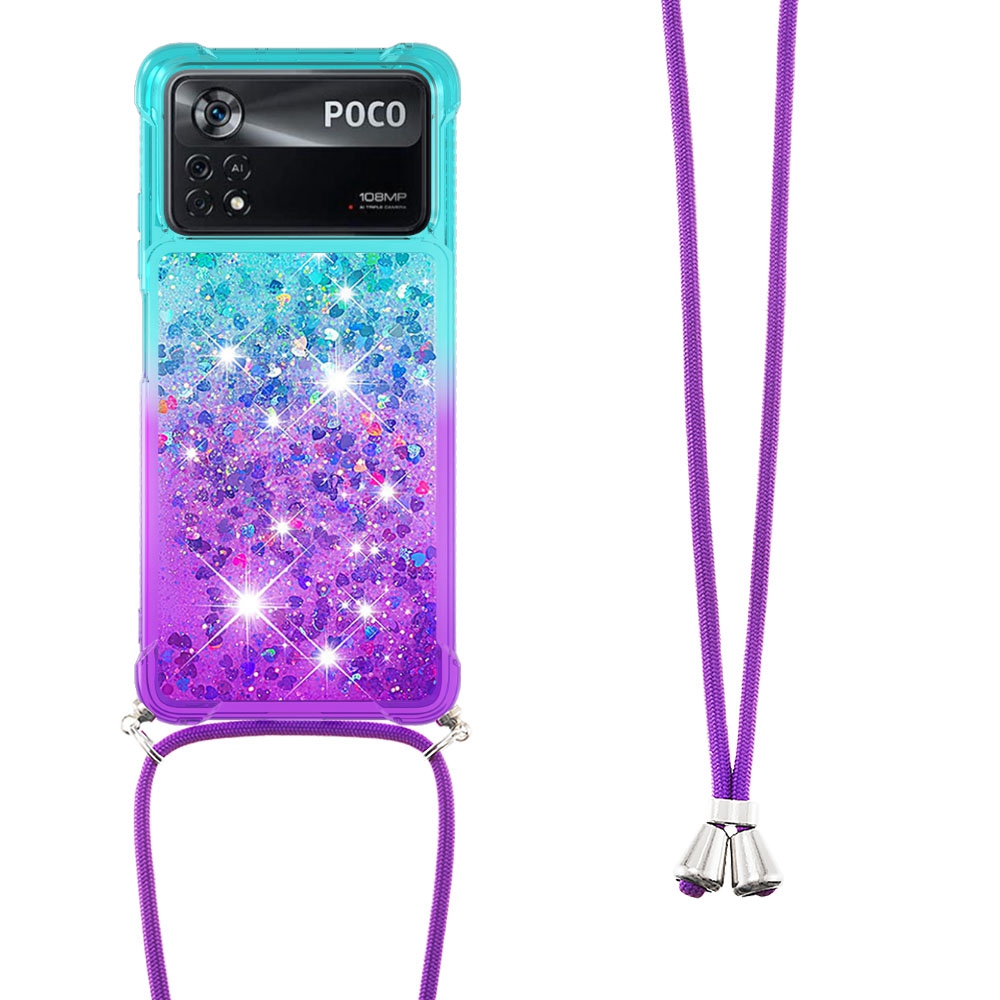 For Xiaomi Poco X4 Pro 5G YB Quicksand Series-6 Gradient Bling Sparkle Floating Liquid Case Four-Corner Protective Soft TPU Phone Cover for with Lanyard - Sky Blue/Purple-1