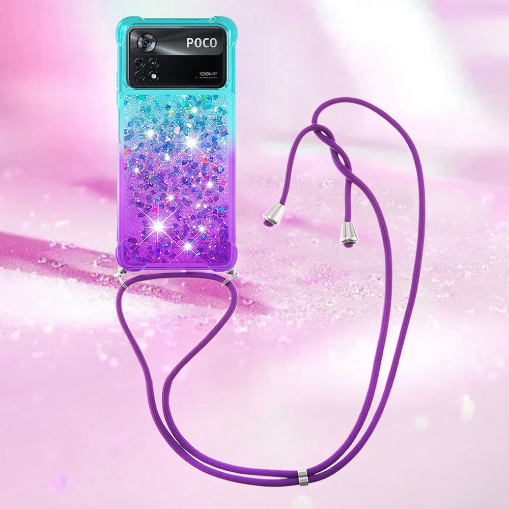 For Xiaomi Poco X4 Pro 5G YB Quicksand Series-6 Gradient Bling Sparkle Floating Liquid Case Four-Corner Protective Soft TPU Phone Cover for with Lanyard - Sky Blue/Purple-3
