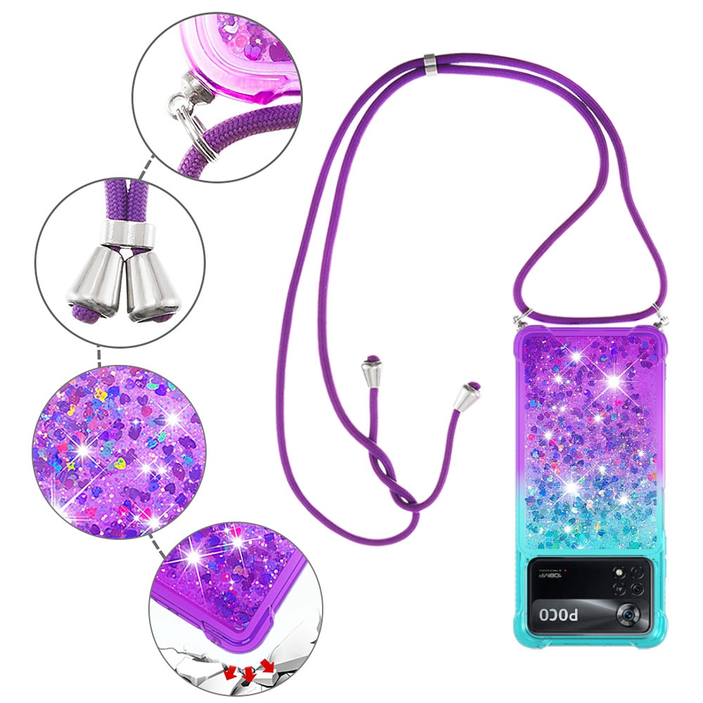 For Xiaomi Poco X4 Pro 5G YB Quicksand Series-6 Gradient Bling Sparkle Floating Liquid Case Four-Corner Protective Soft TPU Phone Cover for with Lanyard - Sky Blue/Purple-5