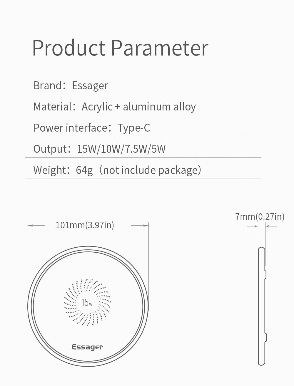 Essager Mirror Series 15W Bureau de Bureau Quick Charger Wireless Charging (avec Câble de Type c de 1m) - le Noir