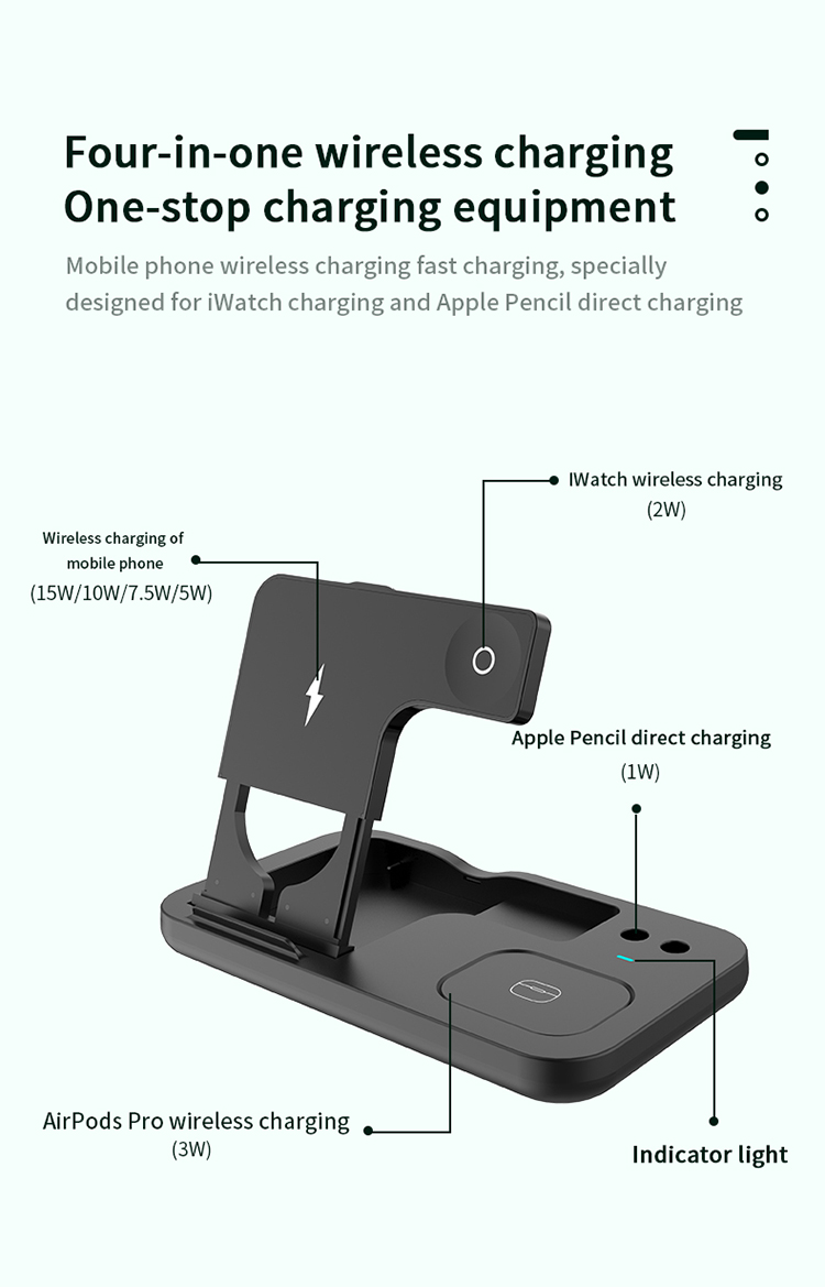 Estação de Carregamento Sem Fio Rápida de 4 em 1 15W Para Vários Dispositivos, Iphone + Apple Watch + Apple AirPods + Apple Pencil - Branco