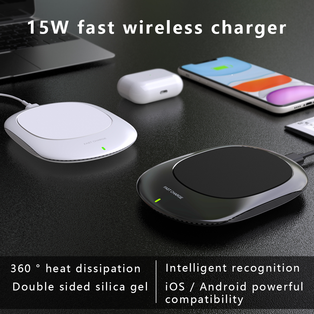 K300 15W Wireless Charger Anti-skid Fast Charging Station Portable Charging Pad for AirPods Pro/iPhone/Samsung/Huawei/Xiaomi - White