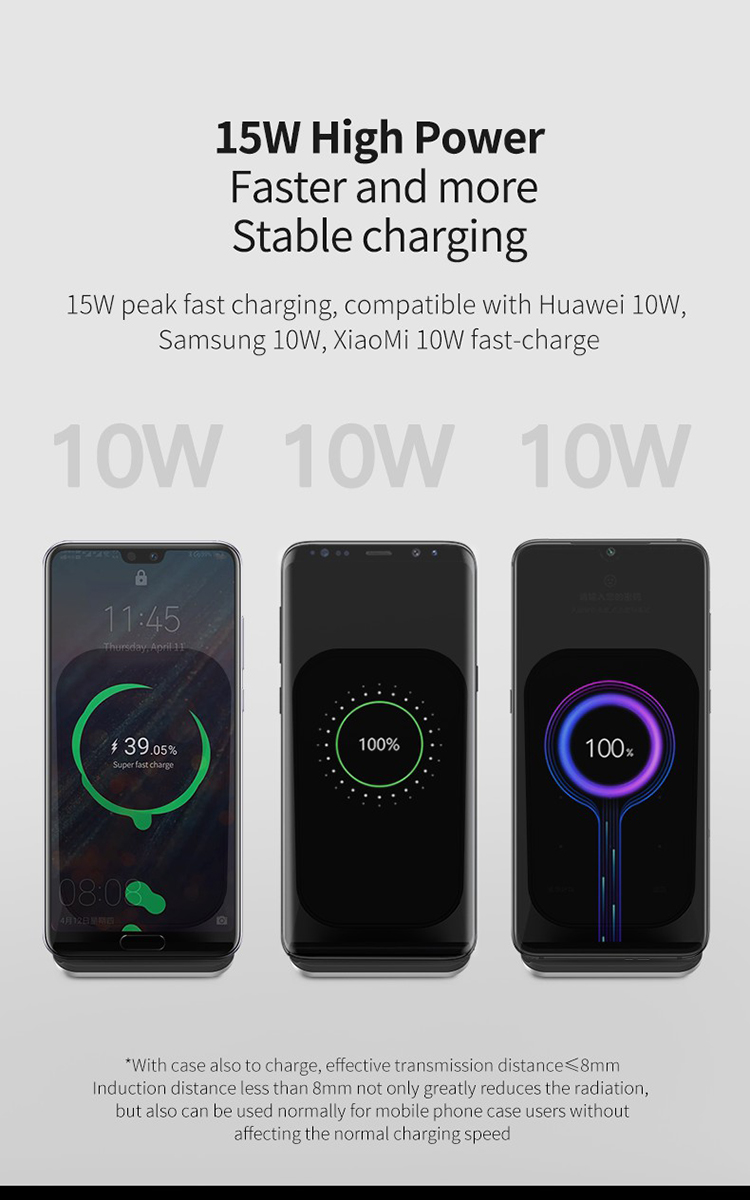 15W Qi Wireless Charger Mobiel Phone Desk Fast Charging Stand for iPhone Samsung - Black/Black