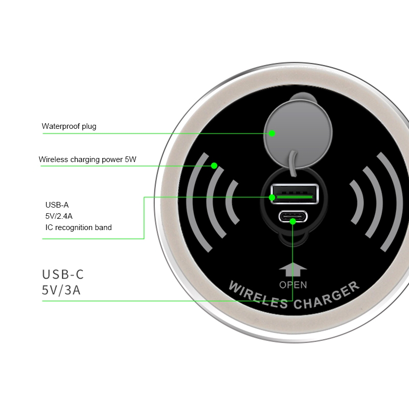 KP-ZMC Водонепроницаемый Встроенный Настольный Компьютер Встроенный PD USB A+C Двойной Порт 15W Qi Быстро Зарядка Беспроводное Зарядное Устройство