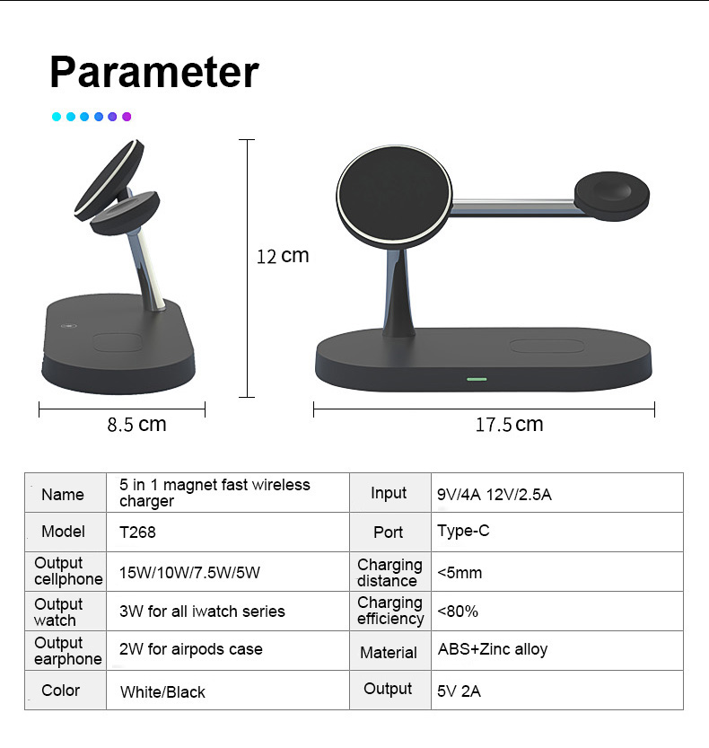 T268 4 in 1 Qi 15W Wireless Charger Fast Charging Stand for iPhone 12 Apple Watch AirPods Magsafe Charger - Black-1